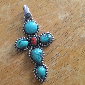 Turquoise and coral cross on sterling silver 925